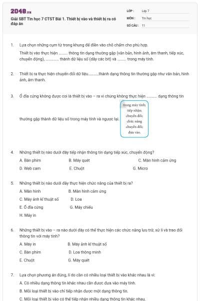 Giải SBT Tin học 7 CTST Bài 1. Thiết bị vào và thiết bị ra có đáp án