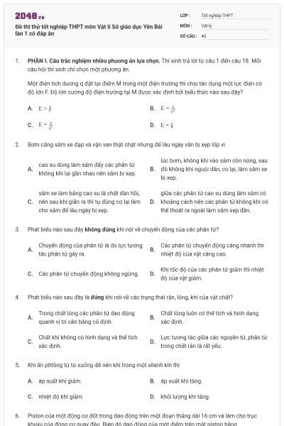 Đề thi thử tốt nghiệp THPT môn Vật lí  Sở giáo dục Yên Bái lần 1 có đáp án