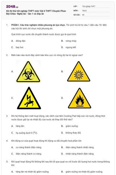 Đề thi thử tốt nghiệp THPT môn Vật lí  THPT Chuyên Phan Bội Châu- Nghệ An -  lần 1 có đáp án