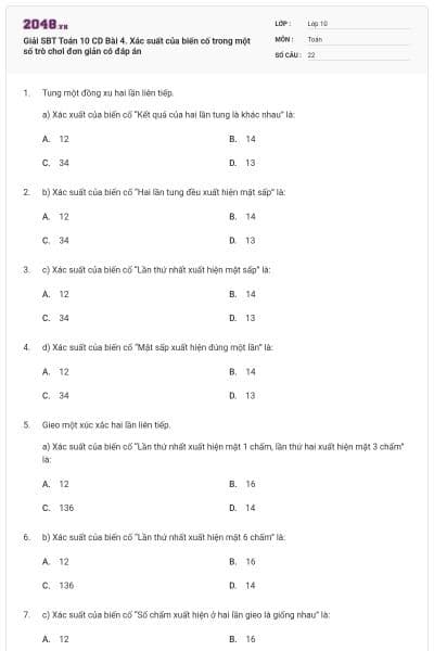 Giải SBT Toán 10 CD Bài 4. Xác suất của biến cố trong một số trò chơi đơn giản có đáp án