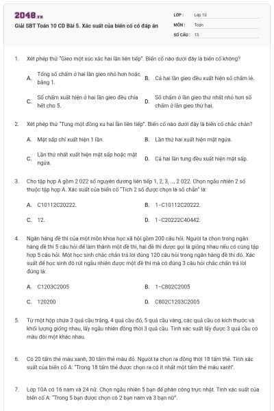 Giải SBT Toán 10 CD Bài 5. Xác suất của biến cố có đáp án