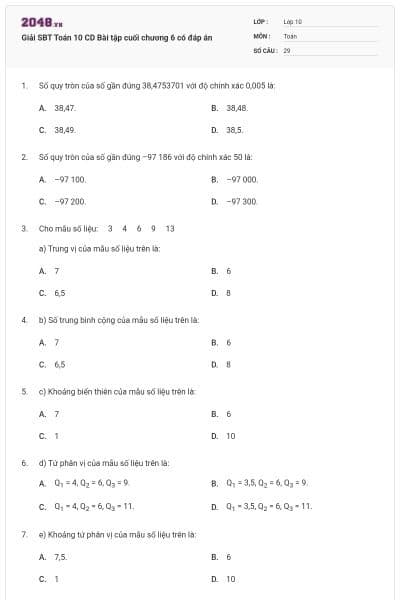Giải SBT Toán 10 CD Bài tập cuối chương 6 có đáp án