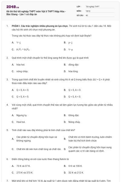 Đề thi thử tốt nghiệp THPT môn Vật lí  THPT Hiệp Hòa - Bắc Giang - Lần 1 có đáp án