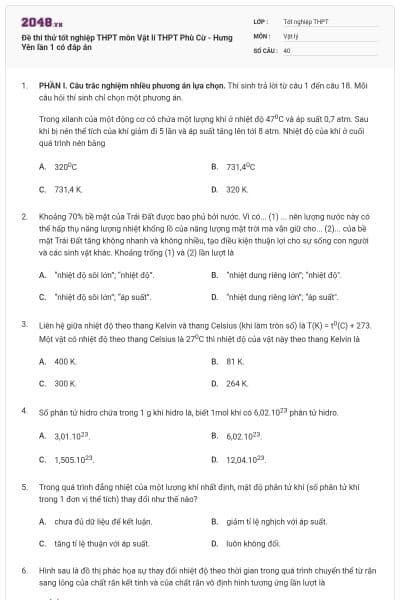 Đề thi thử tốt nghiệp THPT môn Vật lí  THPT Phù Cừ - Hưng Yên lần 1 có đáp án