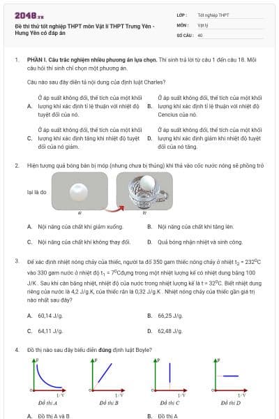 Đề thi thử tốt nghiệp THPT môn Vật lí  THPT Trưng Yên - Hưng Yên có đáp án