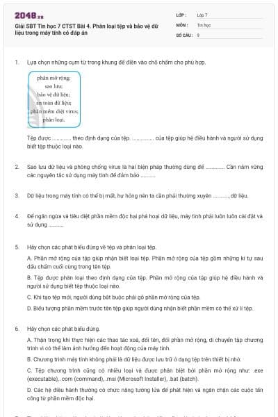 Giải SBT Tin học 7 CTST Bài 4. Phân loại tệp và bảo vệ dữ liệu trong máy tính có đáp án