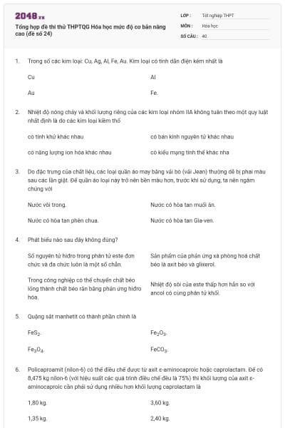 Tổng hợp đề thi thử THPTQG Hóa học mức độ cơ bản nâng cao (đề số 24)