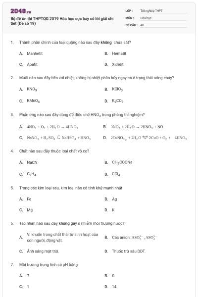 Bộ đề ôn thi THPTQG 2019 Hóa học cực hay có lời giải chi tiết (Đề số 19)