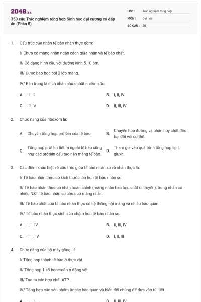 350 câu Trắc nghiệm tổng hợp Sinh học đại cương có đáp án (Phần 5)