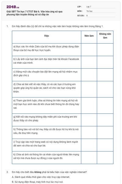 Giải SBT Tin học 7 CTST Bài 6. Văn hóa ứng xử qua phương tiện truyền thông số có đáp án