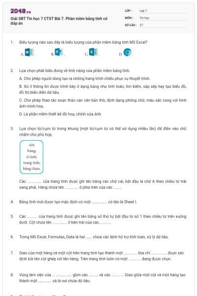 Giải SBT Tin học 7 CTST Bài 7. Phần mềm bảng tính  có đáp án