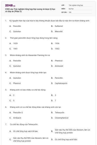 2300 câu Trắc nghiệm tổng hợp Đại cương về dược lý học có đáp án (Phần 3)