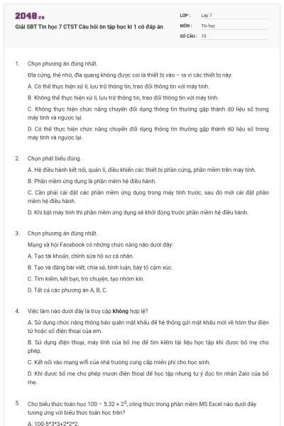 Giải SBT Tin học 7 CTST Câu hỏi ôn tập học kì 1 có đáp án