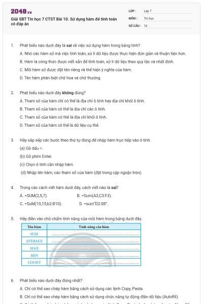 Giải SBT Tin học 7 CTST Bài 10. Sử dụng hàm để tính toán có đáp án