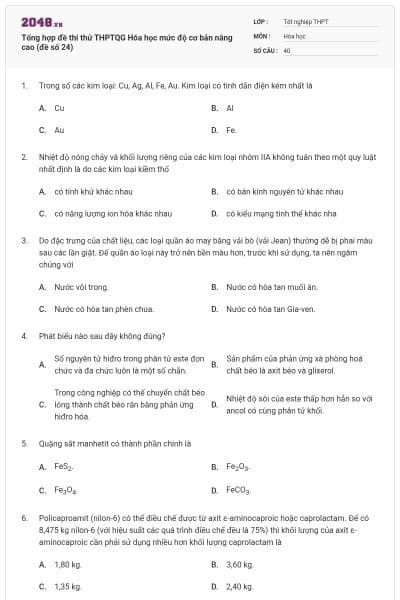 Tổng hợp đề thi thử THPTQG Hóa học mức độ cơ bản nâng cao (đề số 24)