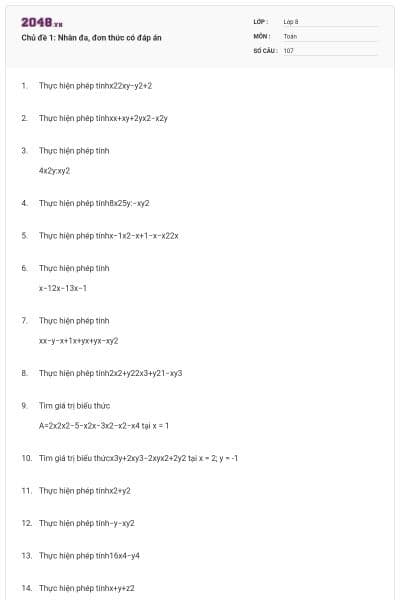 Chủ đề 1: Nhân đa, đơn thức có đáp án