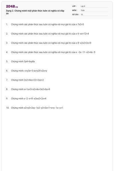 Dạng 2. Chứng minh một phân thức luôn có nghĩa có đáp án