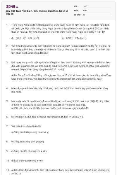 Giải SBT Toán 7 CD Bài 1. Biểu thức số. Biểu thức đại số có đáp án