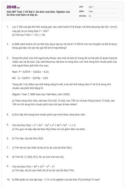 Giải SBT Toán 7 CD Bài 2. Đa thức một biến. Nghiệm của đa thức một biến có đáp án