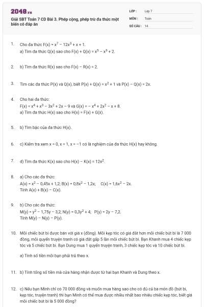 Giải SBT Toán 7 CD Bài 3. Phép cộng, phép trừ đa thức một biến có đáp án