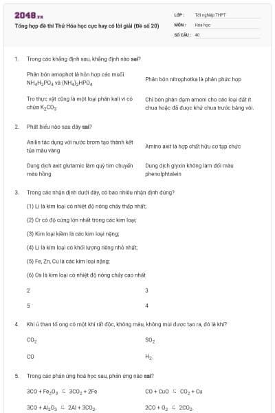 Tổng hợp đề thi Thử Hóa học cực hay có lời giải (Đề số 20)