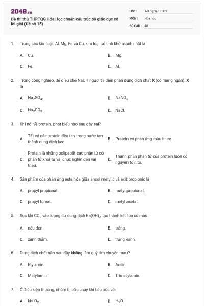 Đề thi thử THPTQG Hóa Học chuẩn cấu trúc bộ giáo dục có lời giải (Đề số 15)