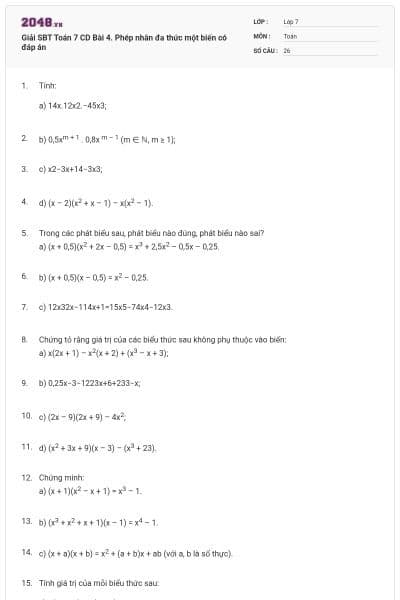 Giải SBT Toán 7 CD Bài 4. Phép nhân đa thức một biến có đáp án