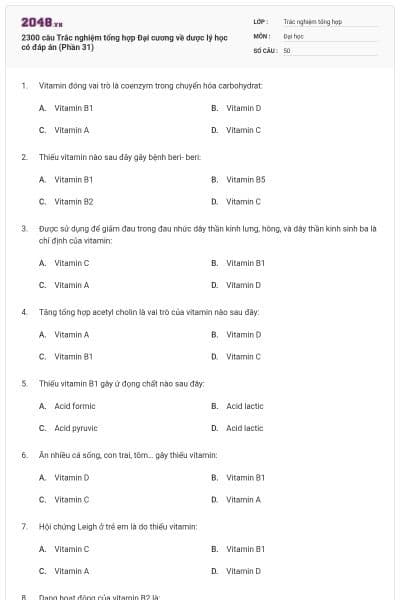 2300 câu Trắc nghiệm tổng hợp Đại cương về dược lý học có đáp án (Phần 31)