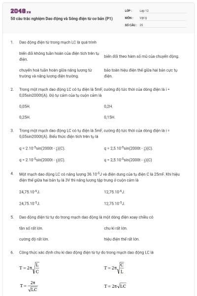50 câu trắc nghiệm Dao động và Sóng điện từ cơ bản (P1)