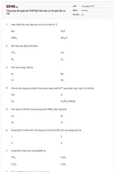 Tổng hợp đề luyện thi THPTQG Hóa Học có lời giải (Đề số 16)