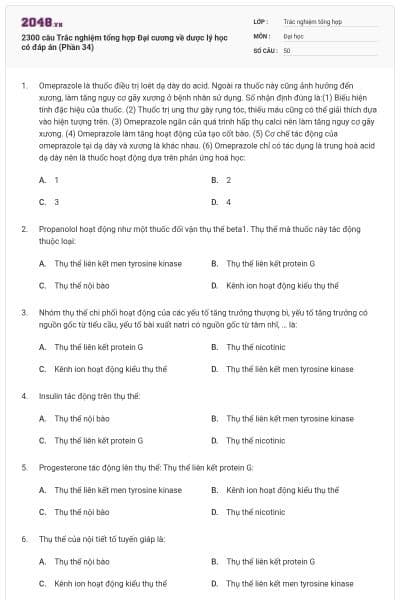 2300 câu Trắc nghiệm tổng hợp Đại cương về dược lý học có đáp án (Phần 34)