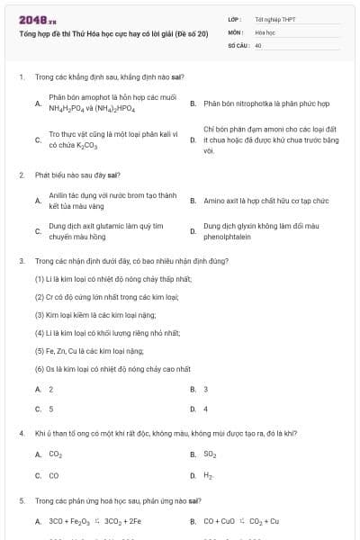 Tổng hợp đề thi Thử Hóa học cực hay có lời giải (Đề số 20)