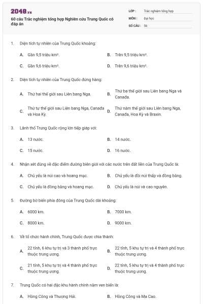 60 câu Trắc nghiệm tổng hợp Nghiên cứu Trung Quốc có đáp án