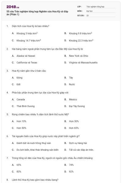55 câu Trắc nghiệm tổng hợp Nghiên cứu Hoa Kỳ có đáp án (Phần 1)