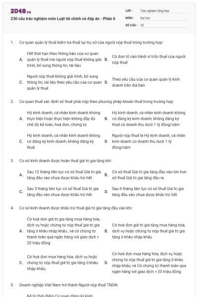 230 câu trắc nghiệm môn Luật tài chính có đáp án - Phần 6