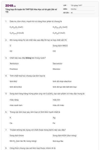 Tổng hợp đề luyện thi THPTQG Hóa Học có lời giải (Đề số 18)