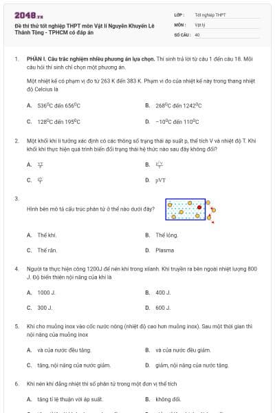Đề thi thử tốt nghiệp THPT môn Vật lí  Nguyễn Khuyến Lê Thánh Tông - TPHCM có đáp án