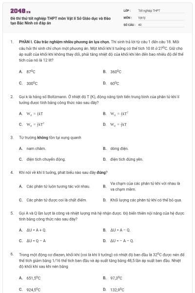 Đề thi thử tốt nghiệp THPT môn Vật lí Sở Giáo dục và Đào tạo Bắc Ninh có đáp án