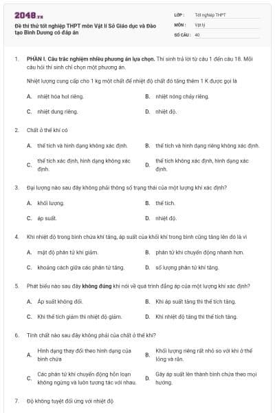 Đề thi thử tốt nghiệp THPT môn Vật lí Sở Giáo dục và Đào tạo Bình Dương có đáp án