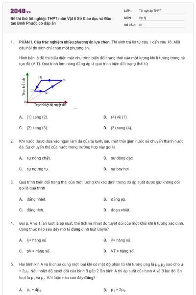 Đề thi thử tốt nghiệp THPT môn Vật lí Sở Giáo dục và Đào tạo Bình Phước có đáp án