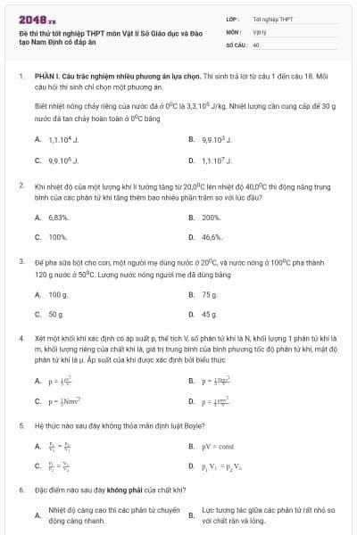 Đề thi thử tốt nghiệp THPT môn Vật lí Sở Giáo dục và Đào tạo Nam Định có đáp án