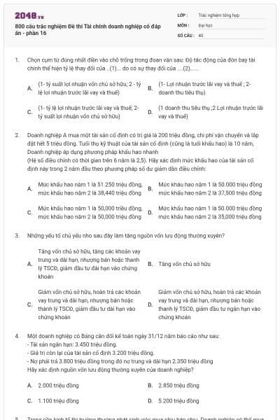 800 câu trắc nghiệm Đề thi Tài chính doanh nghiệp có đáp án - phần 16