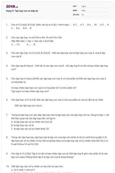 Dạng 5: Tập hợp con có đáp án