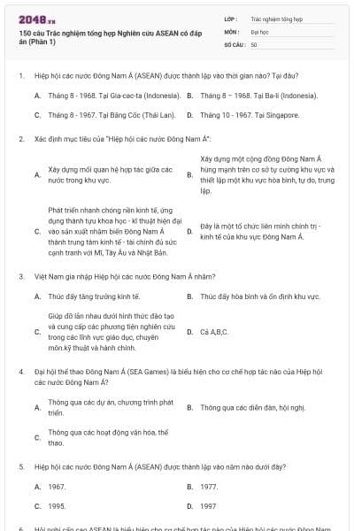 150 câu Trắc nghiệm tổng hợp Nghiên cứu ASEAN có đáp án (Phần 1)
