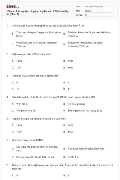 150 câu Trắc nghiệm tổng hợp Nghiên cứu ASEAN có đáp án (Phần 3)