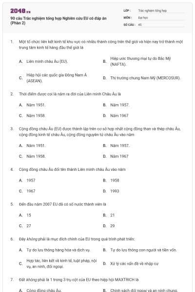 90 câu Trắc nghiệm tổng hợp Nghiên cứu EU có đáp án (Phần 2)