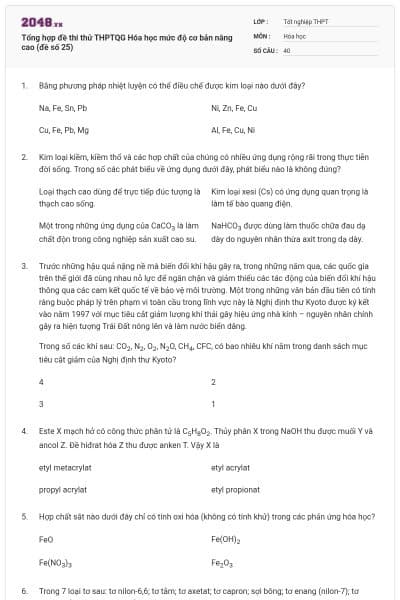 Tổng hợp đề thi thử THPTQG Hóa học mức độ cơ bản nâng cao (đề số 25)