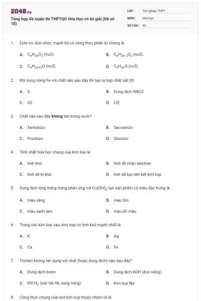 Tổng hợp đề luyện thi THPTQG Hóa Học có lời giải (Đề số 18)
