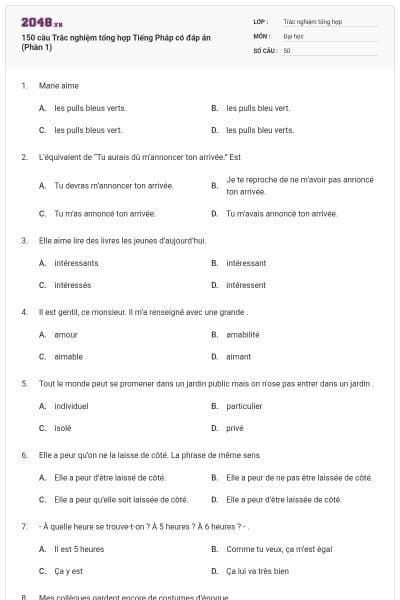 150 câu Trắc nghiệm tổng hợp Tiếng Pháp có đáp án (Phần 1)