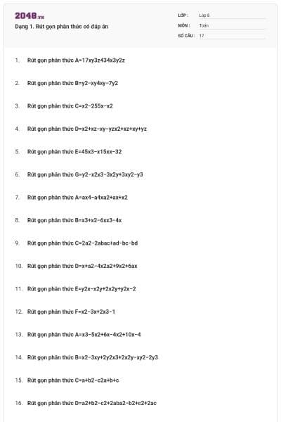 Dạng 1. Rút gọn phân thức có đáp án